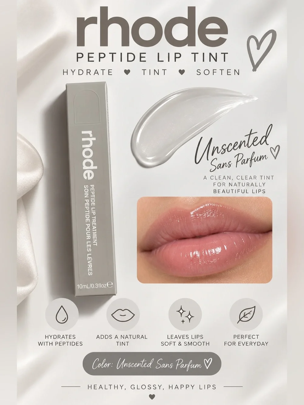 RHODE Unscented Clear Peptide Lip Tint — Sheer Gloss Finish